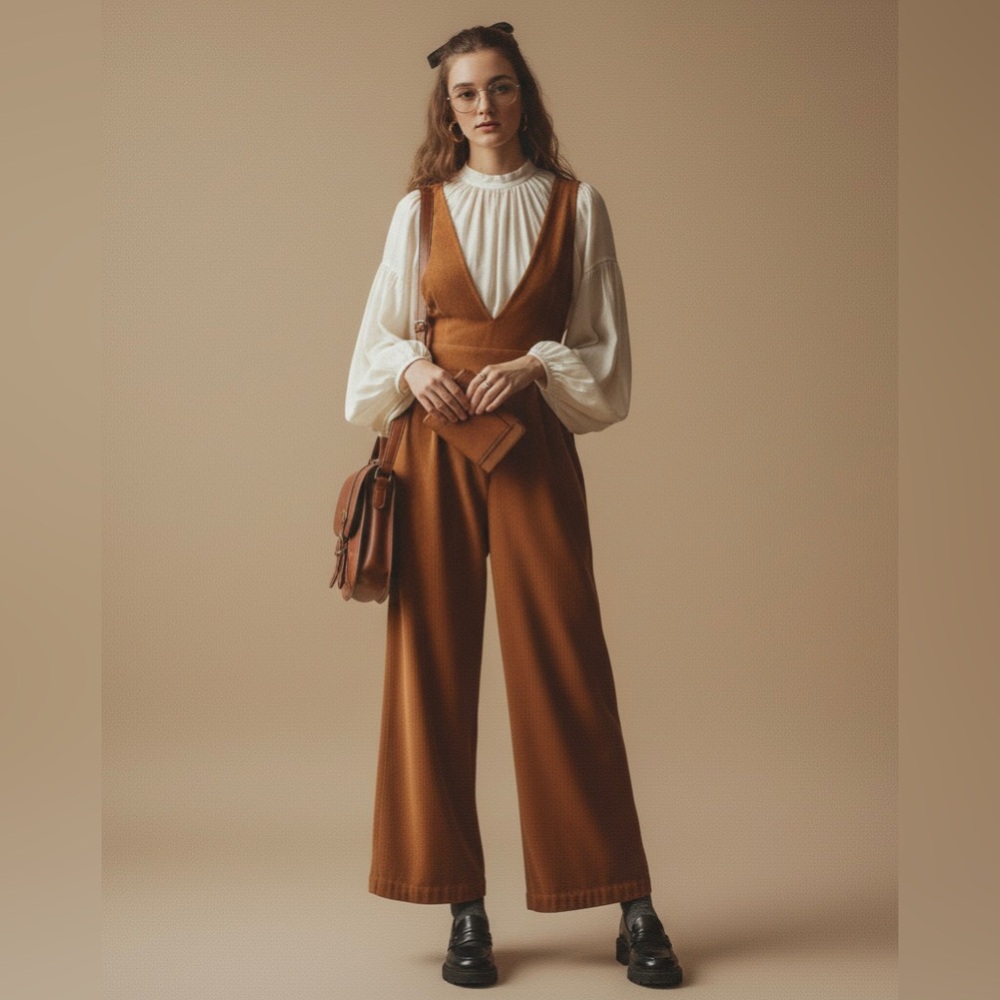 70s Retro Corduroy Jumpsuit Plunging V-Neck Boho Dark Academia